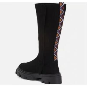 Farm Rio Black Long Suede Boots Vegan Aztec Embroidered Flatform Chunky US 8.5